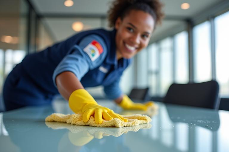 A uniformed cleaning professional carefully wiping down a modern office conference table.